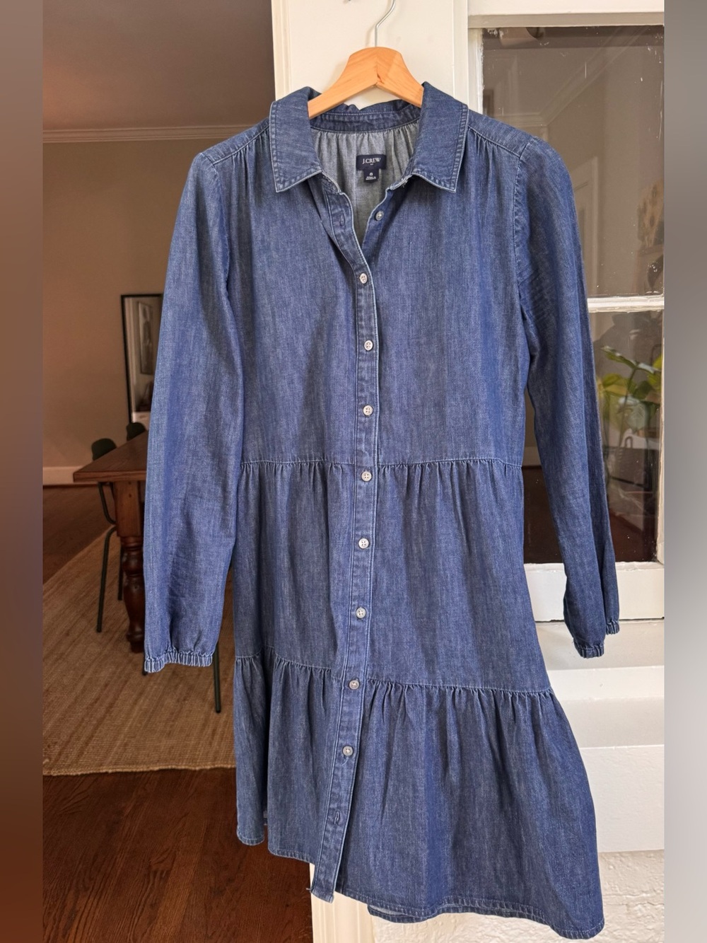 J.Crew Tiered Chambray Shirt Dress Size 8 Blue Long Sleeve NWOT